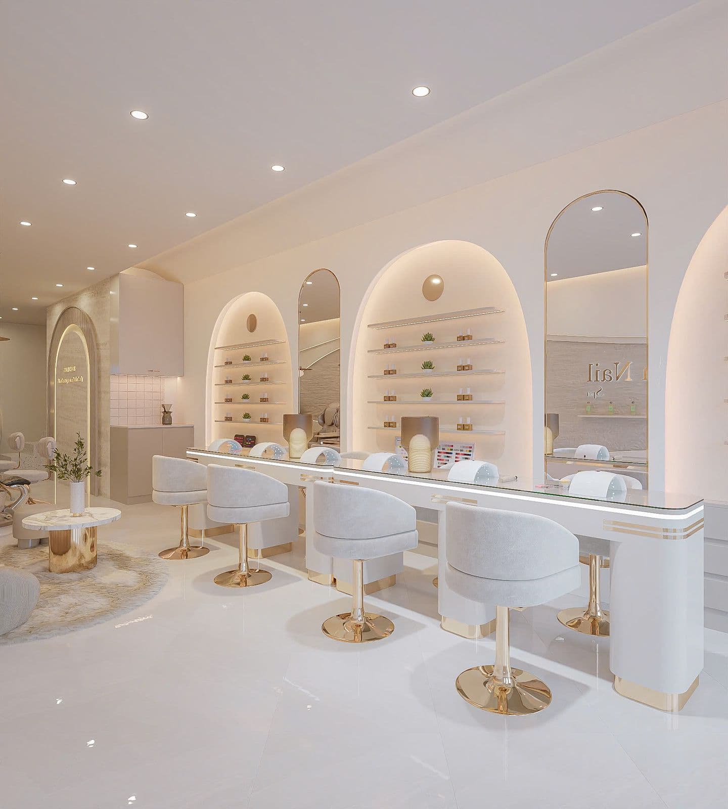 Nail stations with gold arch wall — Moon Nail Spa